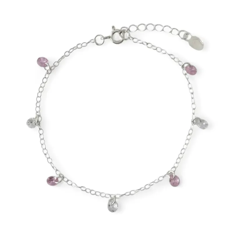 Pulseira Pedrinhas Prata 925 Rosa/Cristal Zircônias