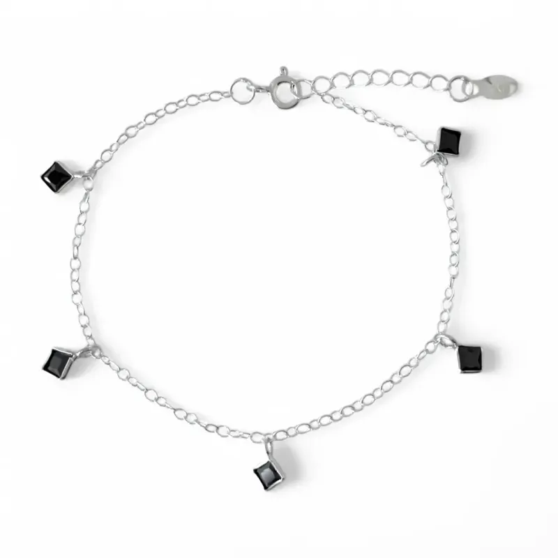 Pulseira Quadrados Pendurados Prata 925 Zircônias Pretas