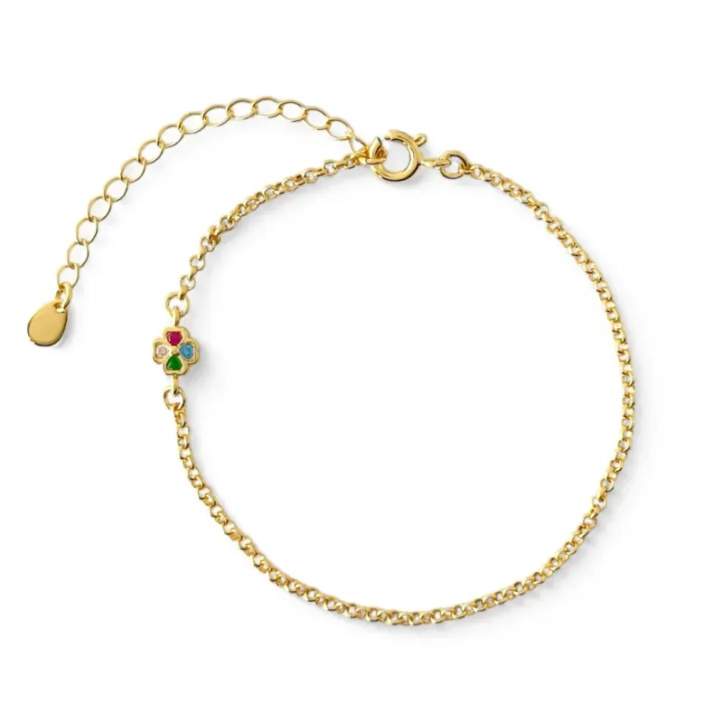 Pulseira Trevo Colorido Banhada a Ouro 18k com Zircônias