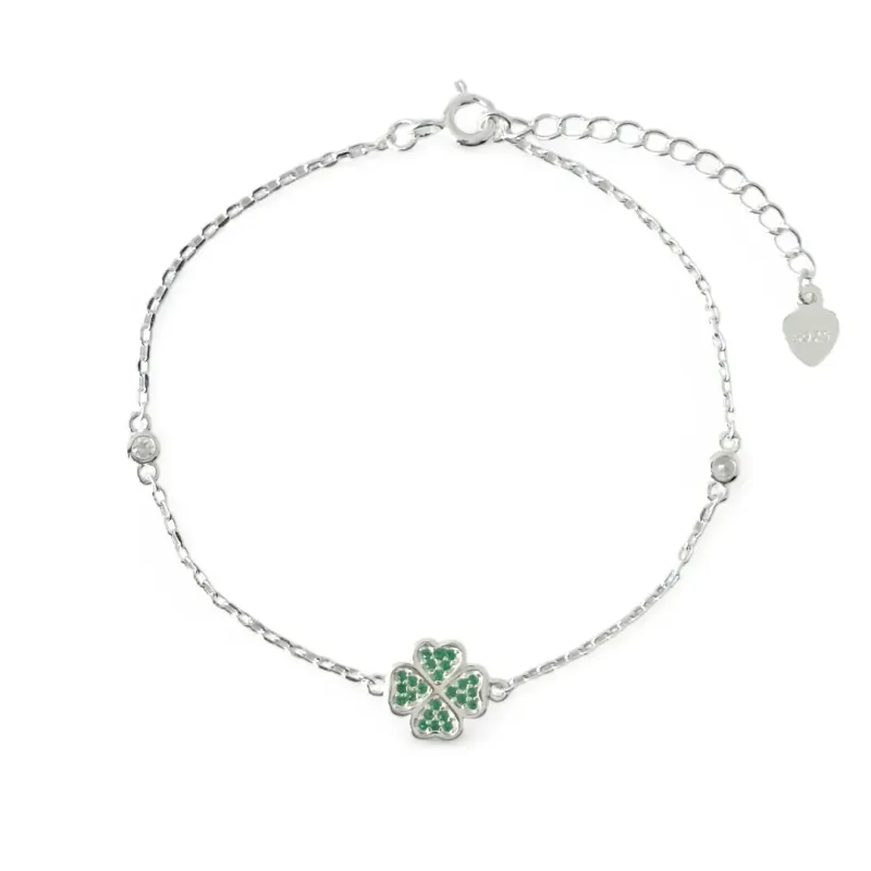 Pulseira Trevo Prata 925 Verde com Zircônias