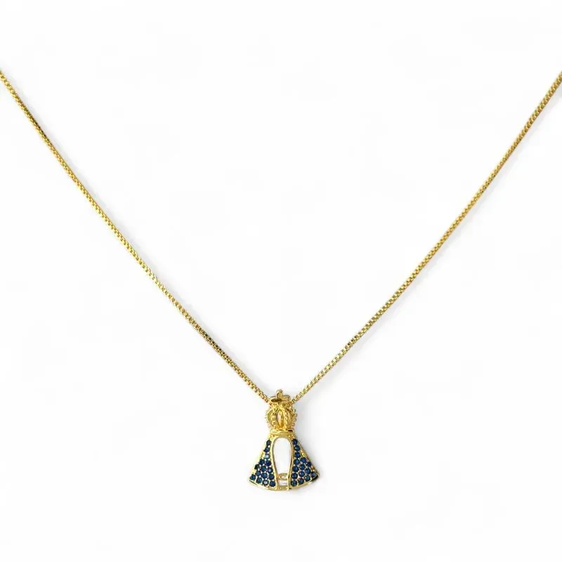 Colar Nossa Senhora Banhado a Ouro 18k com Zircônias Azul