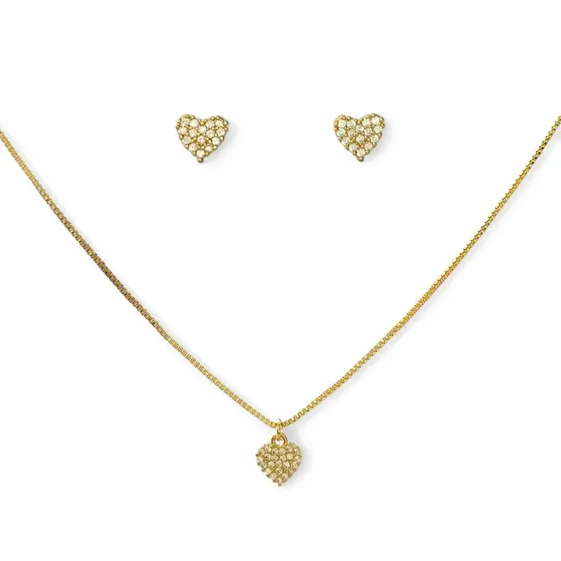 Conjunto Coração Banhado a Ouro 18k com Zircônias