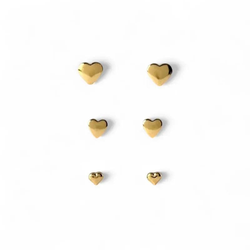 Trio de Brincos Coração Banhado a Ouro 18k Liso