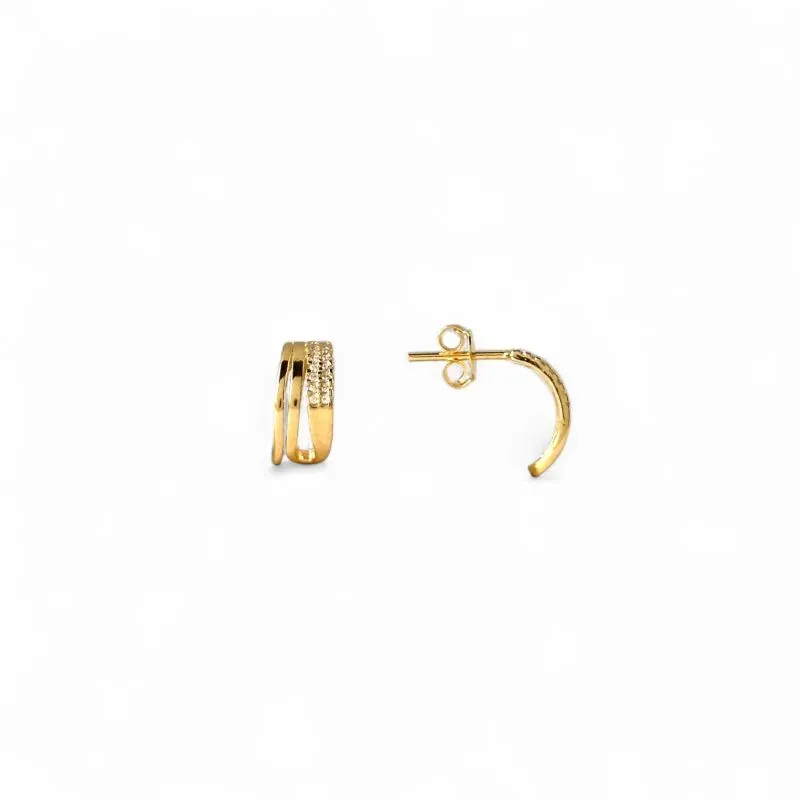 Brinco Meia Argola Banhado a Ouro 18k com Linhas e Zircônias