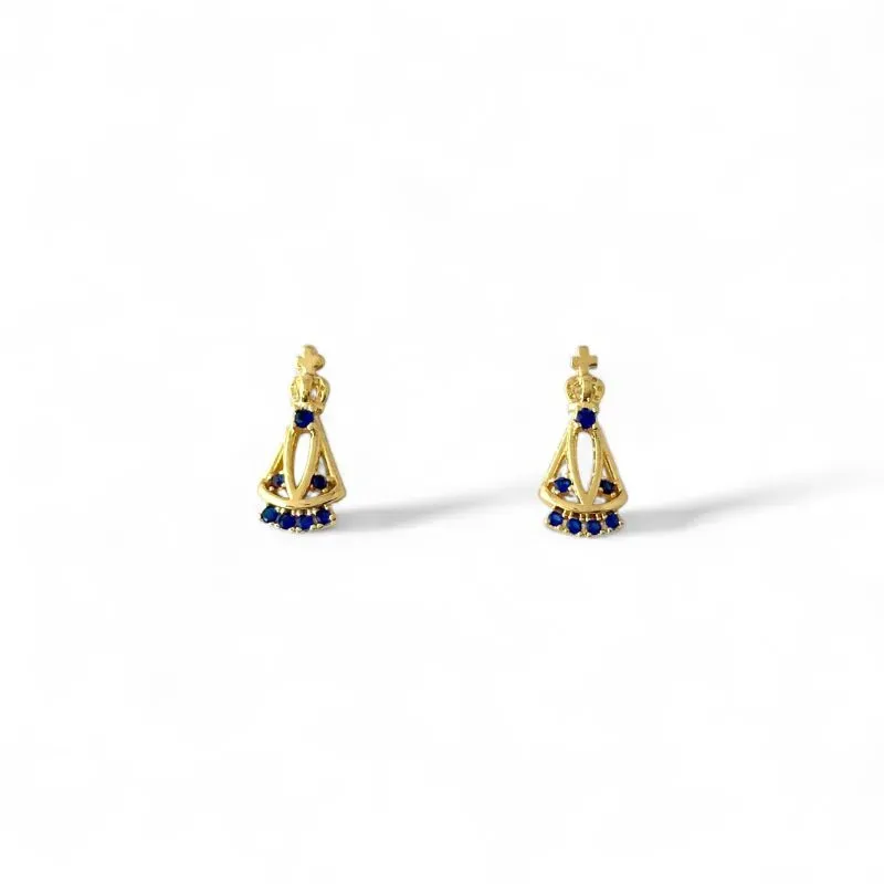Brinco Nossa Senhora Banhado a Ouro 18k com Zircônias Azul