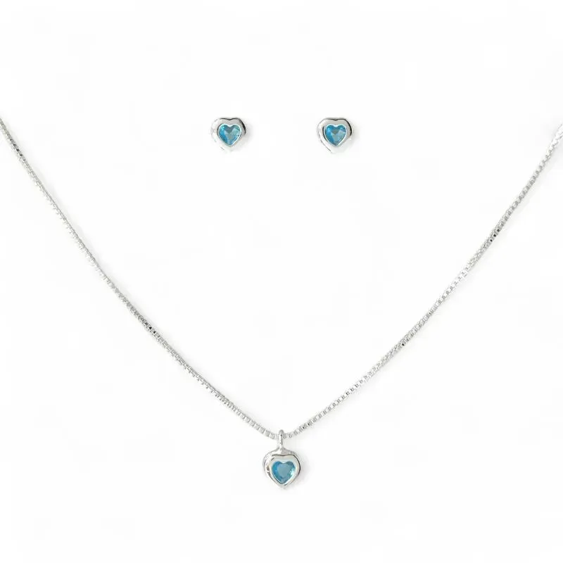 Conjunto Ponto de Luz Coração Folheado a Prata com Zircônia Azul