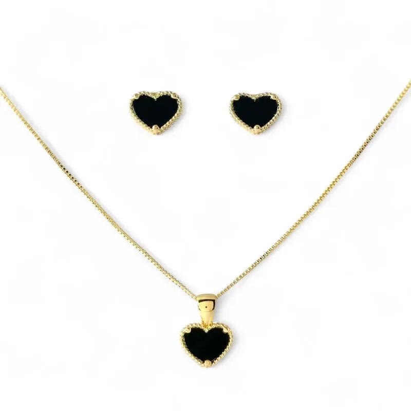 Conjunto Coração Preto Banhado a Ouro 18k