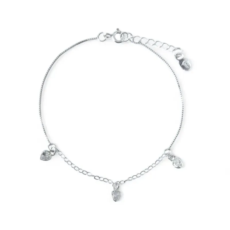 Pulseira 3 Corações Prata 925 com Zircônias