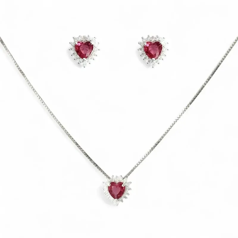 Conjunto Coração Prata 925 com Microzircônias ao Redor