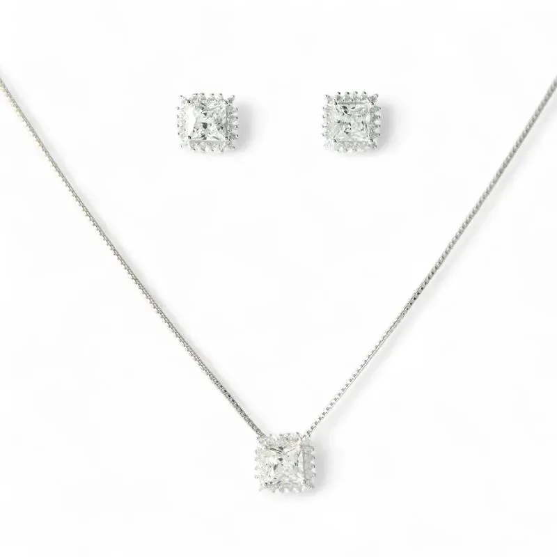 Conjunto Quadrado Prata 925 com Microzircônias ao Redor
