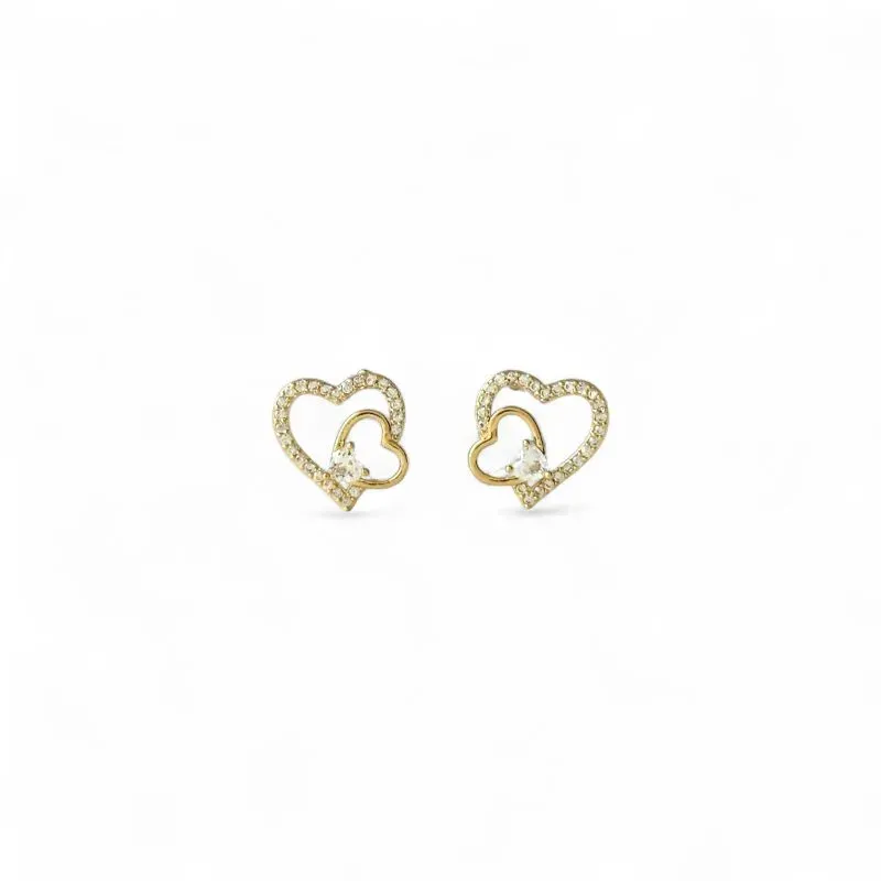 Brinco 2 Corações Banhado a Ouro 18k Liso e com Zircônias