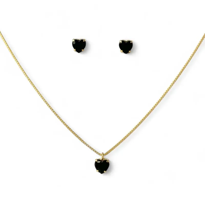 Conjunto Coração Banhado a Ouro 18k com Zircônias Preto - 6mm
