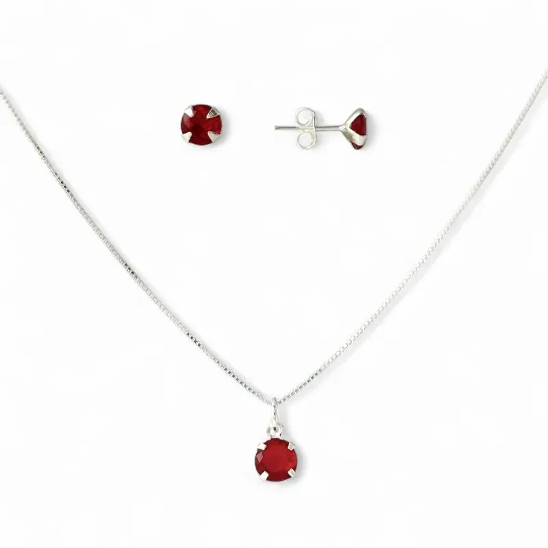 Conjunto Ponto de Luz Prata 925 com Zircônias Vermelho Rubi