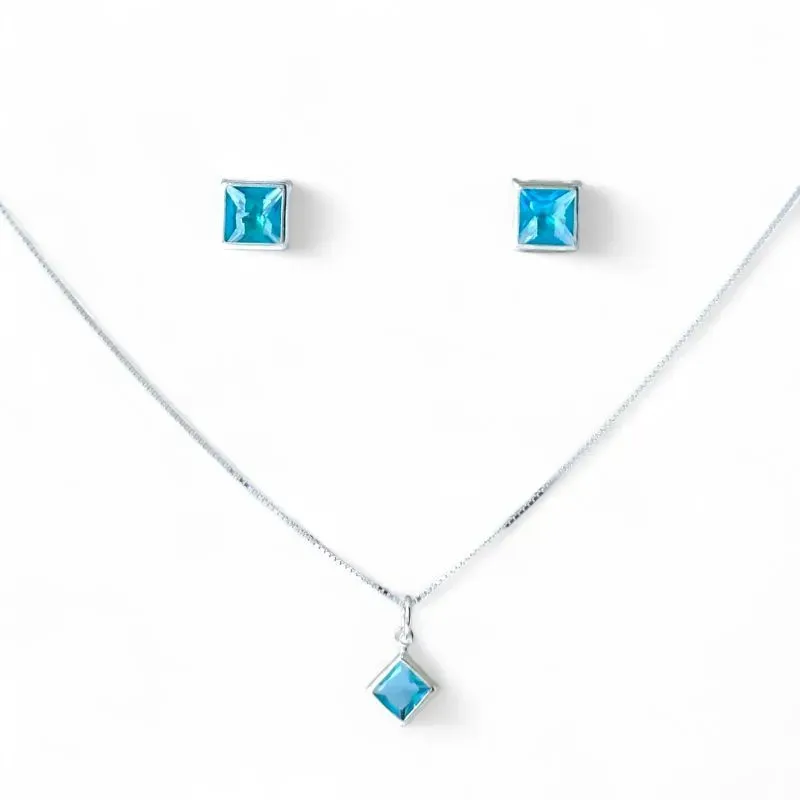 Conjunto Quadrado Prata 925 com Zircônia Azul
