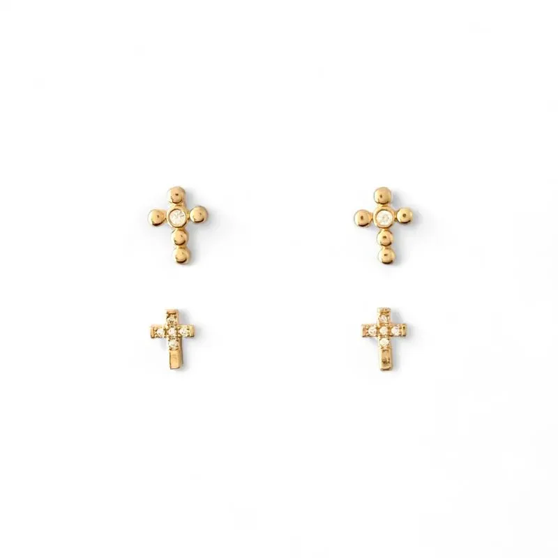 Dupla de Brincos de Cruz Banhado a Ouro 18k com Zircônias