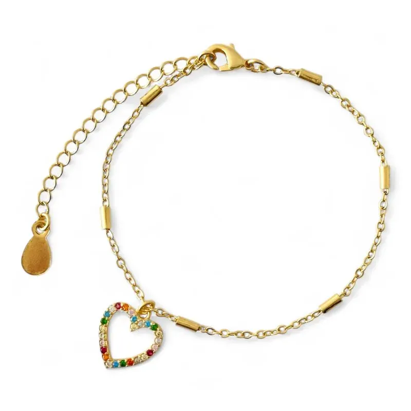 Pulseira Coração Banhada a Ouro 18k com Zircônias Coloridas
