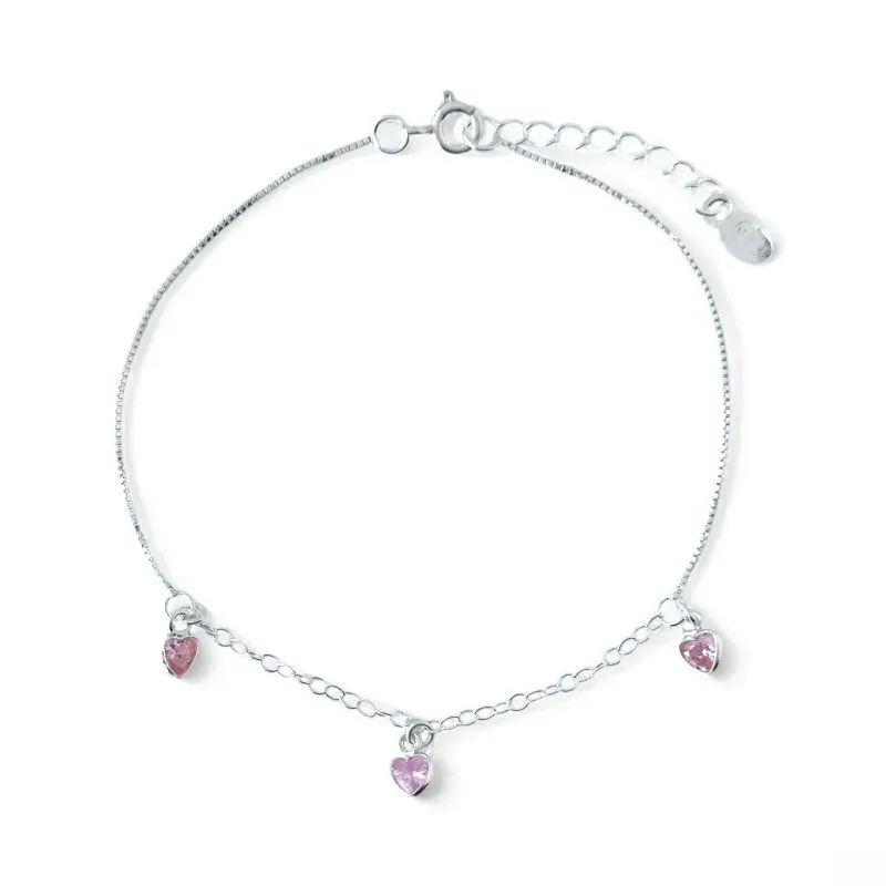 Pulseira Corações Prata 925 com Zircônias Rosa