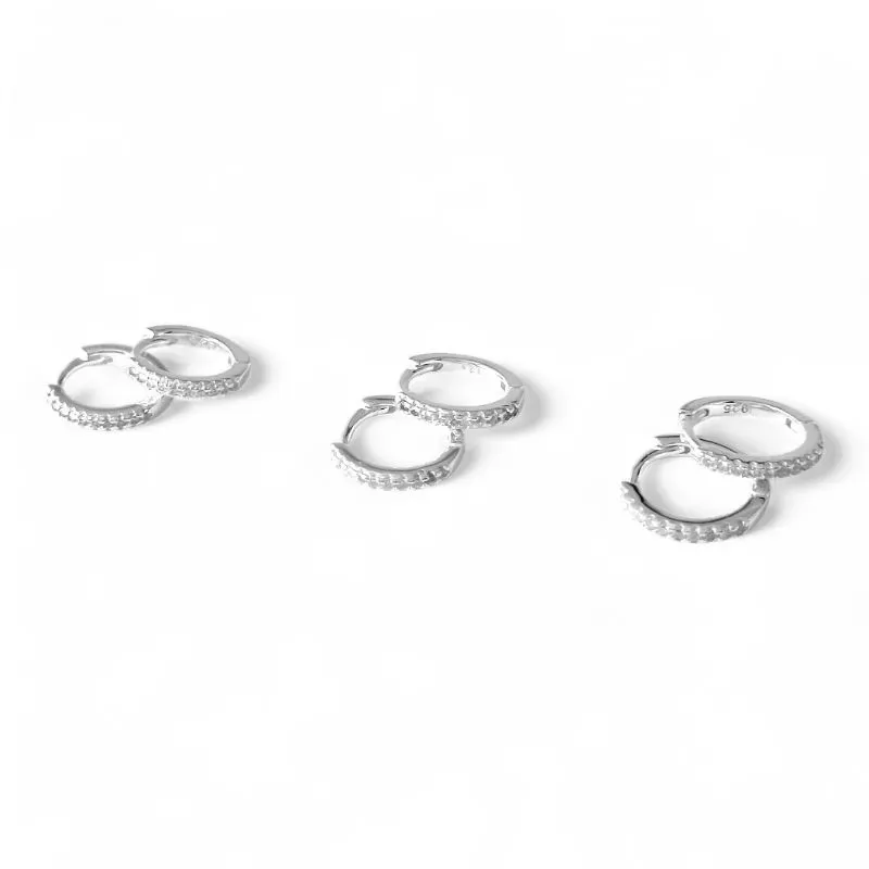 Trio de Brincos Argola Prata 925 com Zircônias