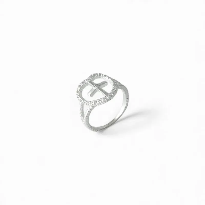 Anel Cruz e Coração Prata 925 Vazado com Zircônias