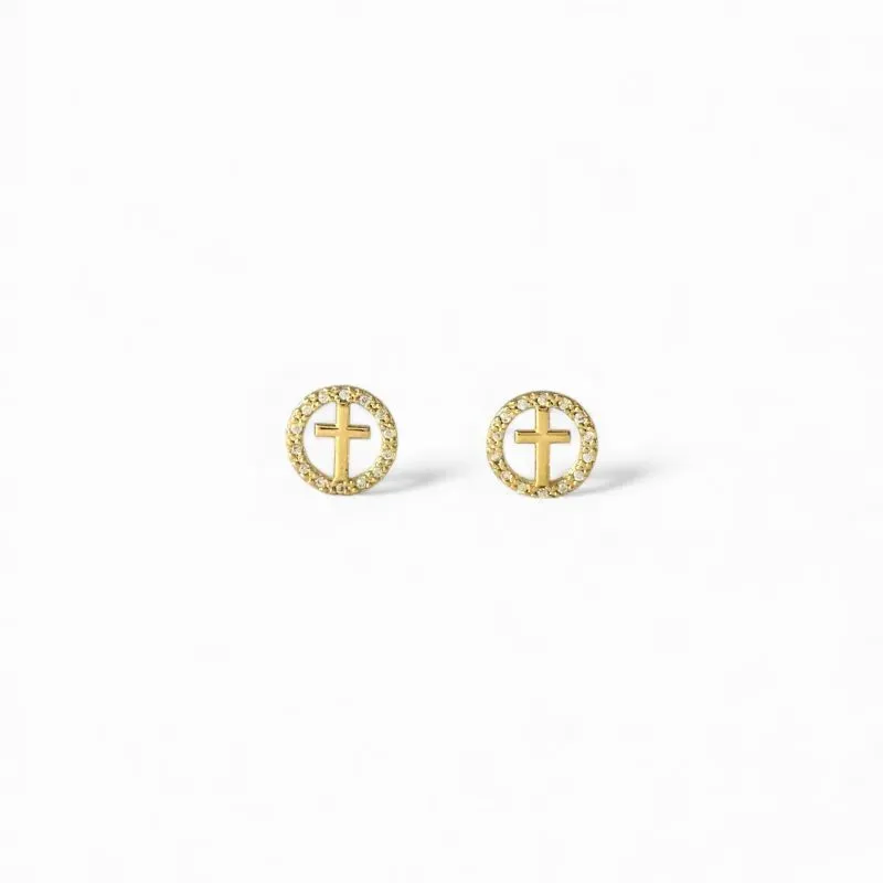 Brinco Circular Cruz Banhado a Ouro 18k Vazado com Zircônias