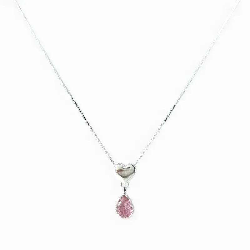 Colar Coração com Gota Rosa Prata 925 com Zircônia