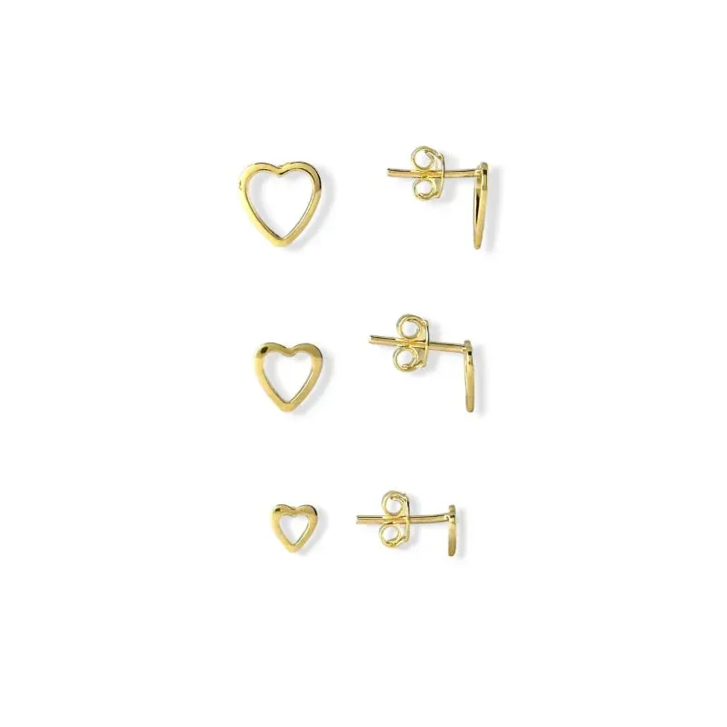 Trio de Brincos Coração Banhado a Ouro 18k Vazado