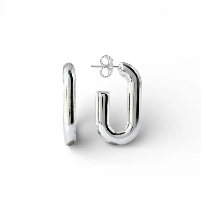 Brinco Argola Aberta Tubo Retangular Folheada a Prata - 3,3cm