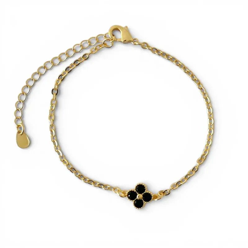 Pulseira Flor Banhada a Ouro 18k com Zircônias Pretas