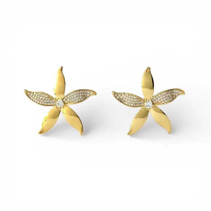 Brinco Flor Banhado a Ouro 18k Liso e com Zircônias - 2,8cm