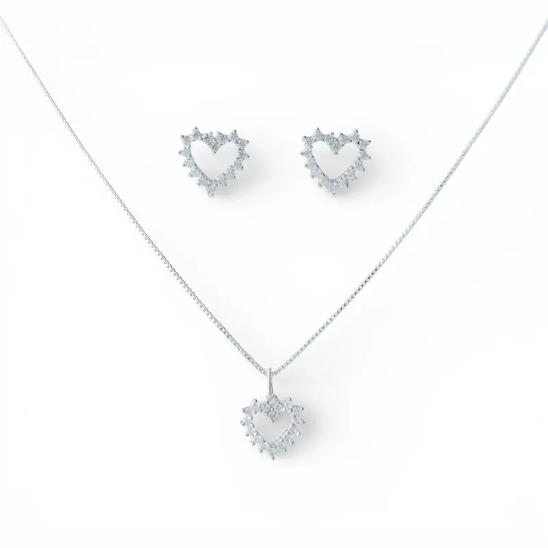 Conjunto Coração Prata 925  Vazado com Zircônias