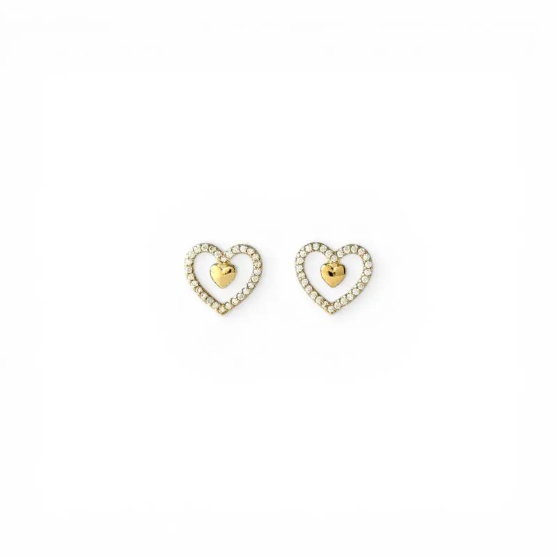 Brinco Coração Duplo Banhado a Ouro 18k com Zircônias