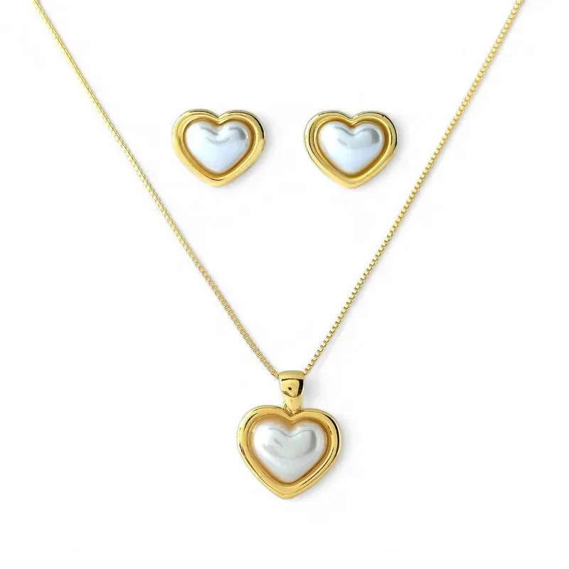 Conjunto Coração com Pérola Banhado a Ouro 18k