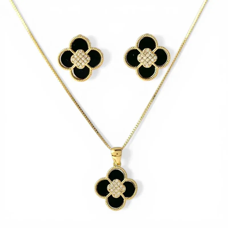 Conjunto Flor Preta com Zircônias
