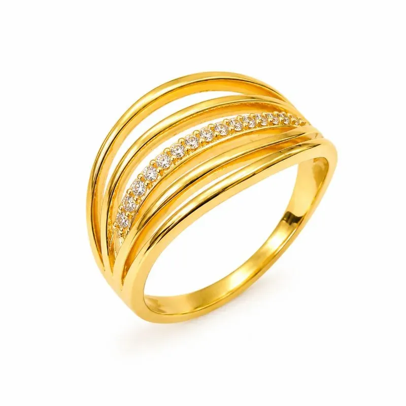 Anel Ondas com Linhas Banhado a Ouro 18k com Zircônias Tam19