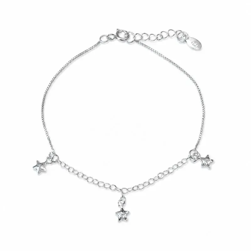 Pulseira com 3 Estrelas Prata 925 com Zircônias -16 cm + 2 cm (Alongador)