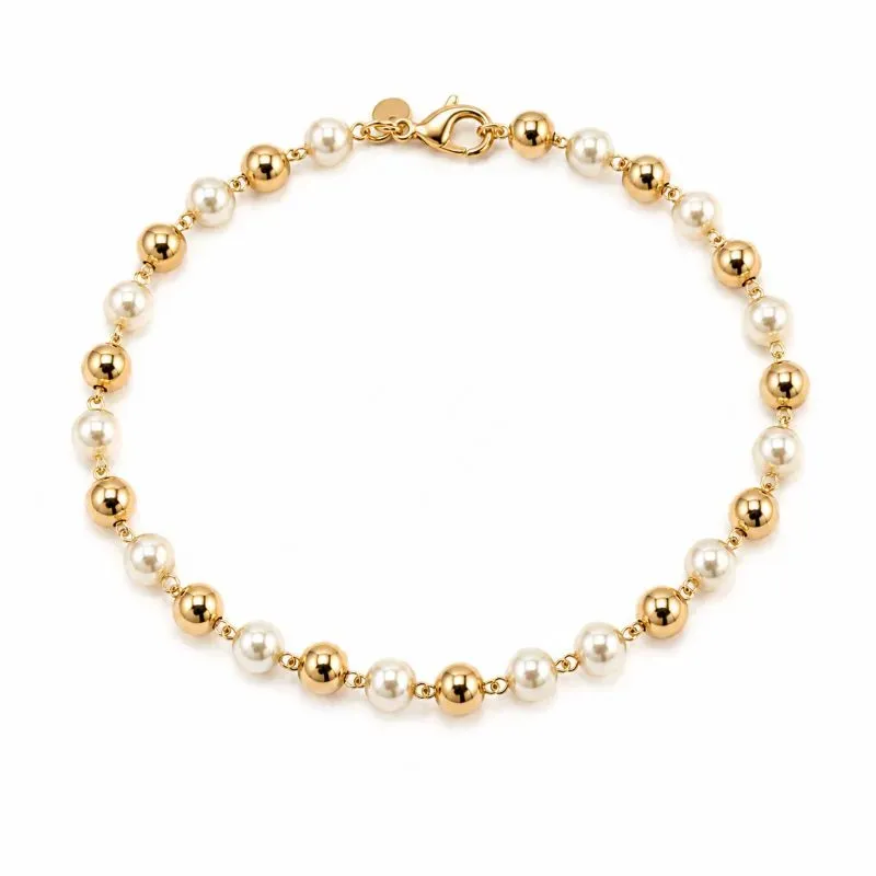 Pulseira Pérolas e Bolas Lisas Banhada a Ouro 18k -19,5 cm