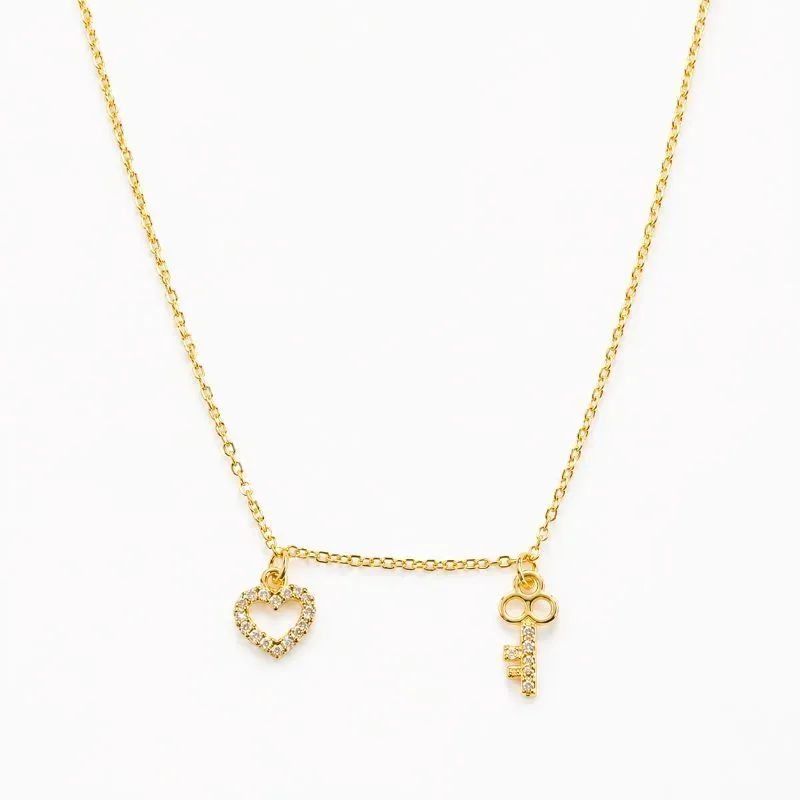 Colar Coração e Chave Cravejados Banhado a Ouro 18k - 60 cm