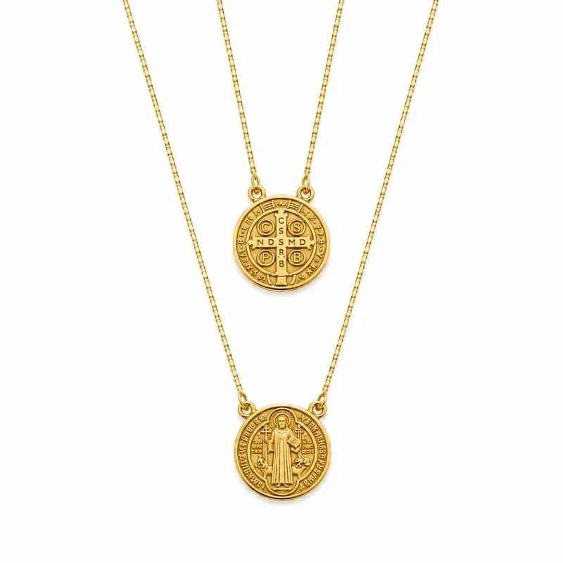Corrente Escapulário São Bento Dupla Face Banhado a Ouro 18k - 66 cm