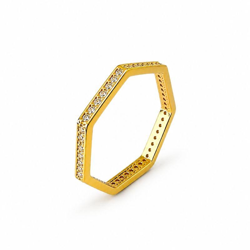 Anel Hexagonal Banhado a Ouro 18k com Zircônias Tam17
