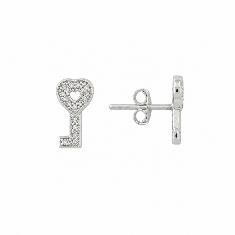 Brinco Chave Cravejada Prata 925 com Zircônias - 1 cm