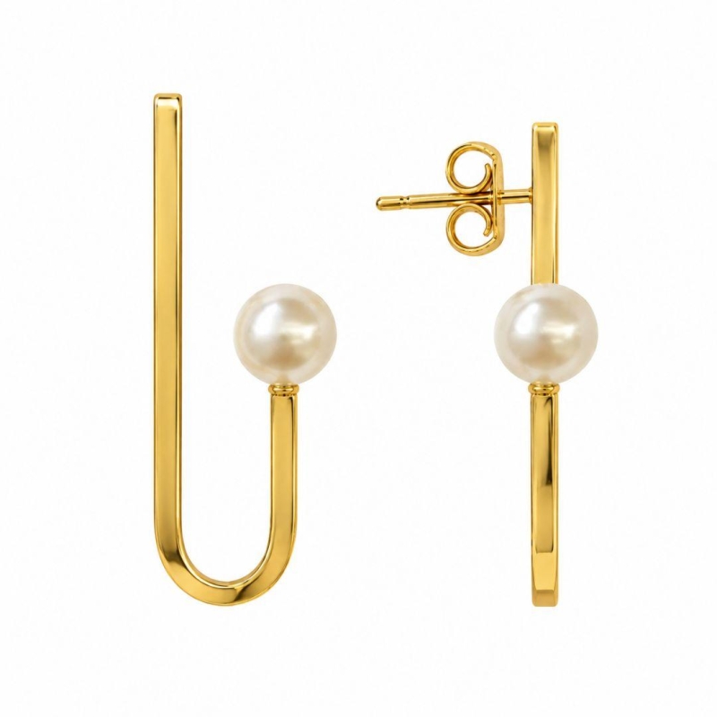 Brinco Estilo J com Perola Banhado a Ouro 18k - 2,8 cm