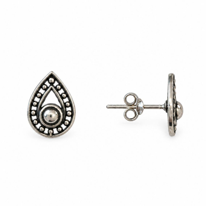 Brinco Gota com Detalhes Prata 925 Envelhecida - 1,1 cm