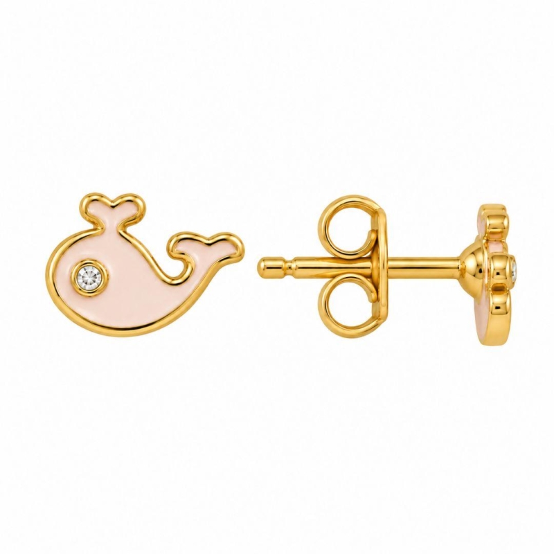Brinco Infantil Baleia Rosa Banhado a Ouro 18k - 8 mm