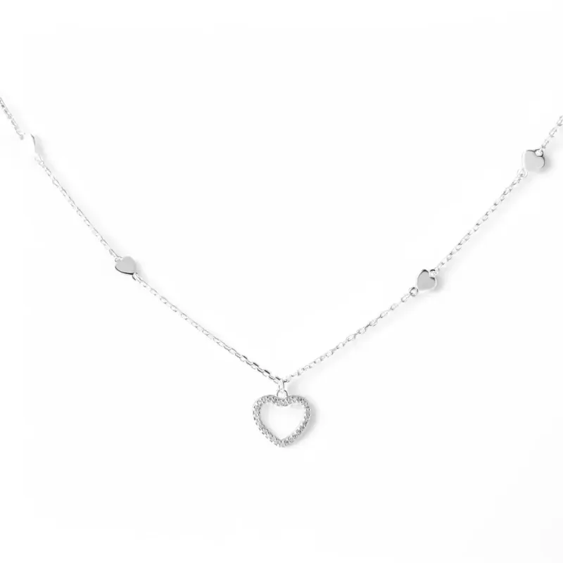 Colar Corações Prata 925 Coração Liso e Coração com Zircônias Pendurado Colar Corações Prata 925 Coração Liso e Coração com Zircônias Pendurado