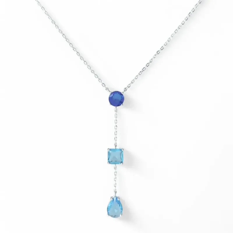 Colar Pedras Azuis Prata 925 Pedras Penduradas Azul Zircônias Colar Pedras Azuis Prata 925 Pedras Penduradas Azul Zircônias