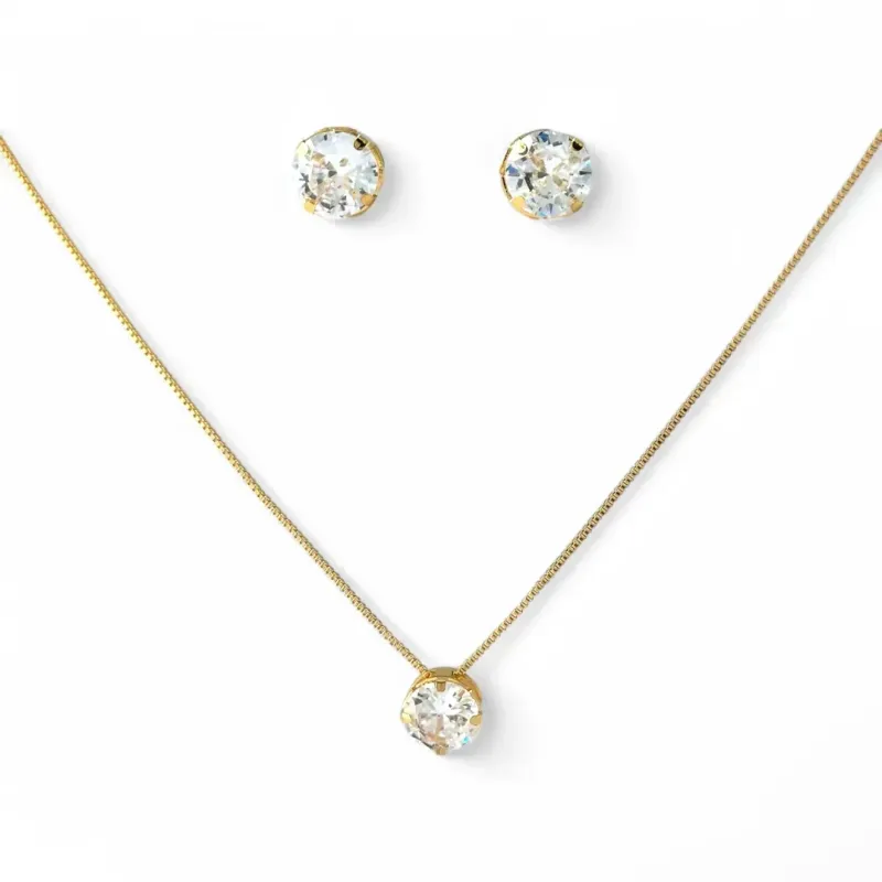 Conjunto Ponto de Luz Redondo Cristal Banhado a Ouro 18k com Zircônias Conjunto Ponto de Luz Redondo Cristal Banhado a Ouro 18k com Zircônias