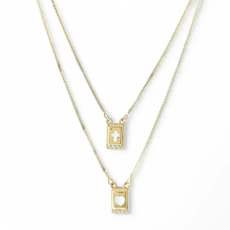 Corrente Escapulário  Banhado a Ouro 18k Coração/Cruz Zircônias Corrente Escapulário  Banhado a Ouro 18k Coração/Cruz Zircônias