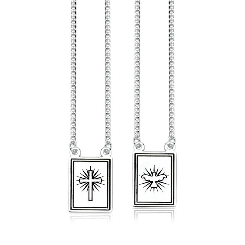 Corrente Escapulário Prata 925 Placa com Espírito Santo e Cruz Corrente Escapulário Prata 925 Placa com Espírito Santo e Cruz