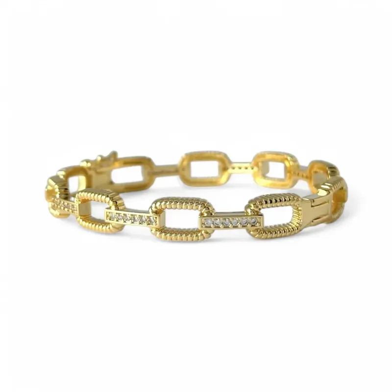 Pulseira Bracelete Elos Banhado a Ouro 18k Trabalhado com Detalhes e Zircônias Pulseira Bracelete Elos Banhado a Ouro 18k Trabalhado com Detalhes e Zircônias