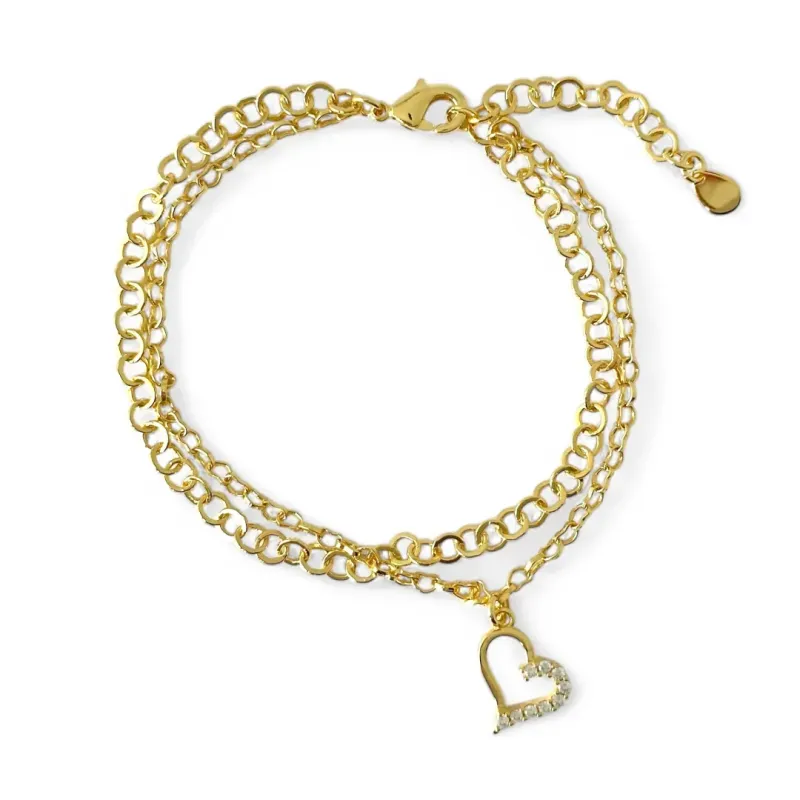 Pulseira Dupla Banhada a Ouro 18k Elo Coração/Português com Coração e Zircônias Pulseira Dupla Banhada a Ouro 18k Elo Coração/Português com Coração e Zircônias